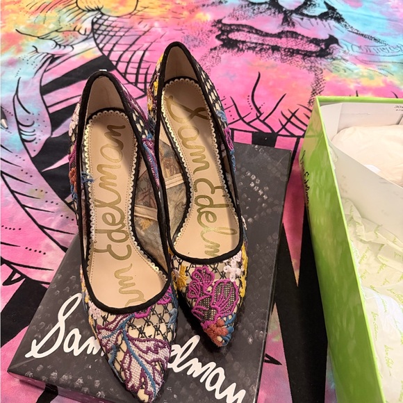 Sam Edelman Floral Embroidered Heels - Black and Multicolor - Picture 2 of 2